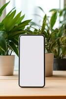 Mockup smartphone with blank screen on table with green plant AI generated photo