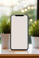 Mockup smartphone with blank screen on table with green plant AI generated photo