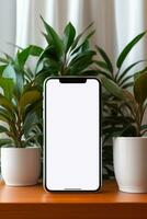 Mockup smartphone with blank screen on table with green plant AI generated photo