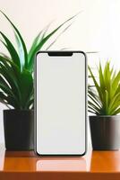 Mockup smartphone with blank screen on table with green plant AI generated photo