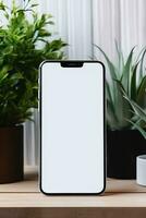 Mockup smartphone with blank screen on table with green plant AI generated photo