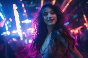 Portrait of a beautiful young asian woman with long hair in night club AI generated photo