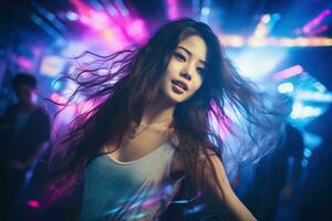 Portrait of a beautiful young asian woman with long hair in night club AI generated photo