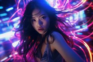 Portrait of a beautiful young asian woman with long hair in night club AI generated photo