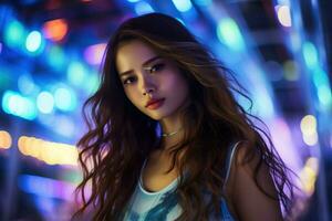 Portrait of a beautiful young asian woman with long hair in night club AI generated photo