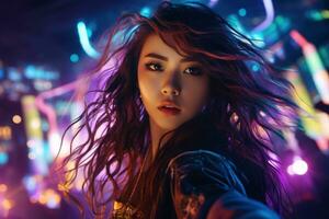 Portrait of a beautiful young asian woman with long hair in night club AI generated photo