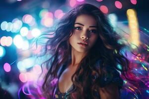 Portrait of a beautiful young asian woman with long hair in night club AI generated photo