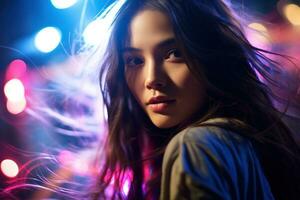 Portrait of a beautiful young asian woman with long hair in night club AI generated photo