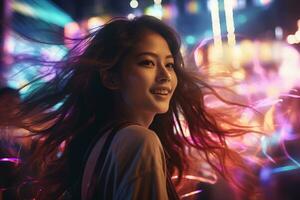 Portrait of a beautiful young asian woman with long hair in night club AI generated photo