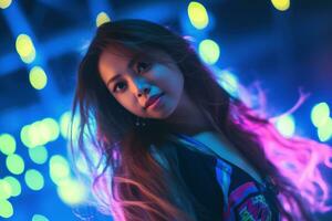 Portrait of a beautiful young asian woman with long hair in night club AI generated photo