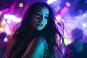 Portrait of a beautiful young asian woman with long hair in night club AI generated photo