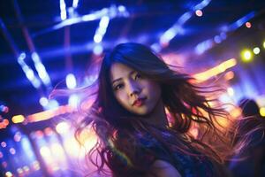 Portrait of a beautiful young asian woman with long hair in night club AI generated photo