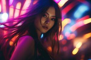 Portrait of a beautiful young asian woman with long hair in night club AI generated photo