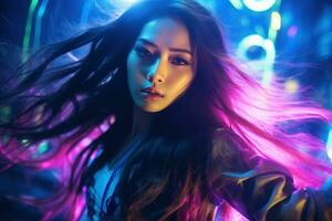 Portrait of a beautiful young asian woman with long hair in night club AI generated photo