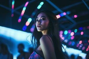 Portrait of a beautiful young asian woman with long hair in night club AI generated photo