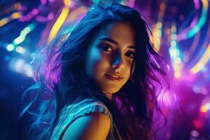 Portrait of a beautiful young asian woman with long hair in night club AI generated photo