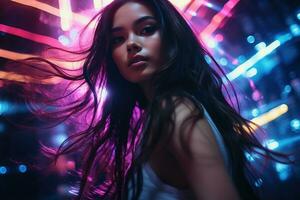 Portrait of a beautiful young asian woman with long hair in night club AI generated photo