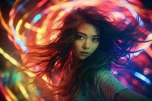 Portrait of a beautiful young asian woman with long hair in night club AI generated photo