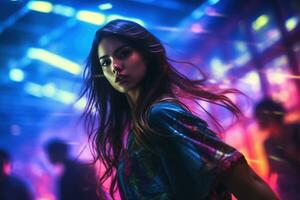 Portrait of a beautiful young asian woman with long hair in night club AI generated photo