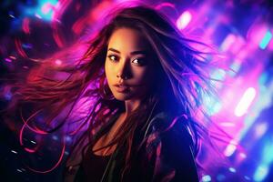 Portrait of a beautiful young asian woman with long hair in night club AI generated photo