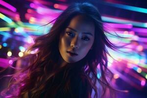 Portrait of a beautiful young asian woman with long hair in night club AI generated photo