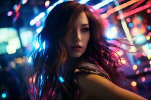 Portrait of a beautiful young asian woman with long hair in night club AI generated photo