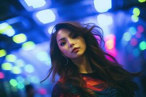 Portrait of a beautiful young asian woman with long hair in night club AI generated photo