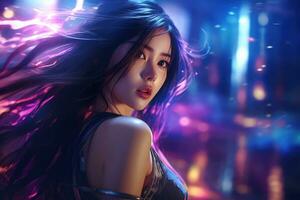 Portrait of a beautiful young asian woman with long hair in night club AI generated photo