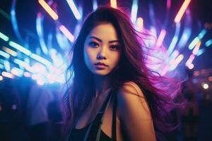 Portrait of a beautiful young asian woman with long hair in night club AI generated photo