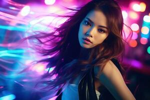 Portrait of a beautiful young asian woman with long hair in night club AI generated photo