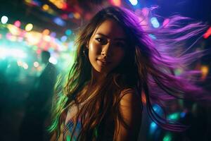 Portrait of a beautiful young asian woman with long hair in night club AI generated photo