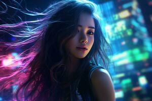 Portrait of a beautiful young asian woman with long hair in night club AI generated photo