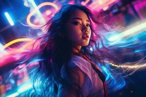 Portrait of a beautiful young asian woman with long hair in night club AI generated photo