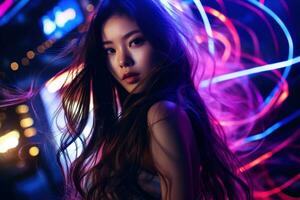 retrato de un hermosa joven asiático mujer con largo pelo en noche club ai generado foto