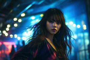 Portrait of a beautiful young asian woman with long hair in night club AI generated photo