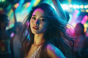 Portrait of a beautiful young asian woman with long hair in night club AI generated photo