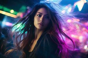 Portrait of a beautiful young asian woman with long hair in night club AI generated photo