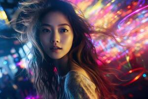 Portrait of a beautiful young asian woman with long hair in night club AI generated photo