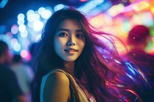 Portrait of a beautiful young asian woman with long hair in night club AI generated photo