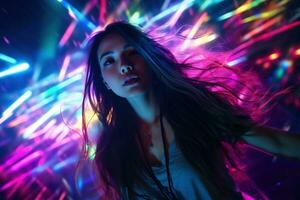 Portrait of a beautiful young asian woman with long hair in night club AI generated photo