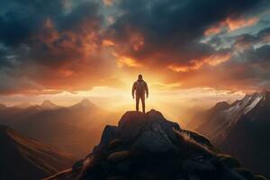 Man standing on top of the mountain and looking at the sunset AI generated photo