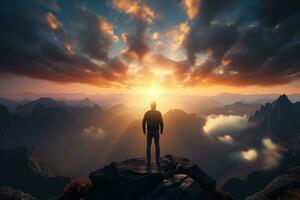 Man standing on top of the mountain and looking at the sunset AI generated photo
