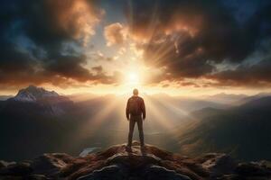 Man standing on top of the mountain and looking at the sunset AI generated photo