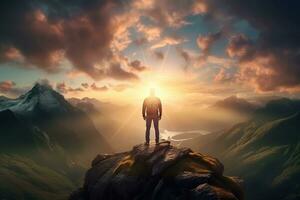 Man standing on top of the mountain and looking at the sunset AI generated photo