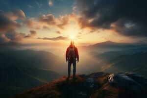 Man standing on top of the mountain and looking at the sunset AI generated photo