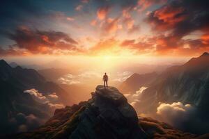 Man standing on top of the mountain and looking at the sunset AI generated photo