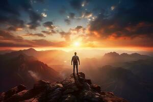 Man standing on top of the mountain and looking at the sunset AI generated photo