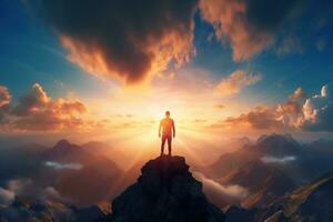 Man standing on top of the mountain and looking at the sunset AI generated photo