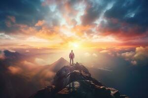 Man standing on top of the mountain and looking at the sunset AI generated photo