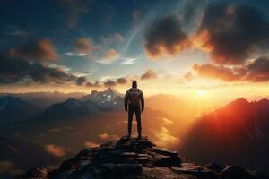 Man standing on top of the mountain and looking at the sunset AI generated photo